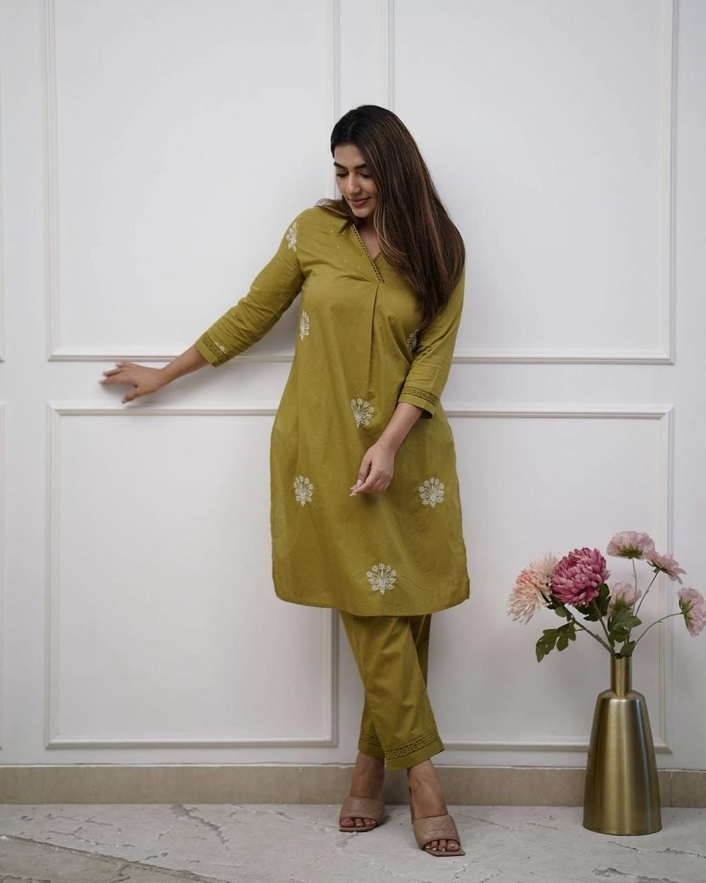 Green Cotton Embroidered Office Wear Kurti Set